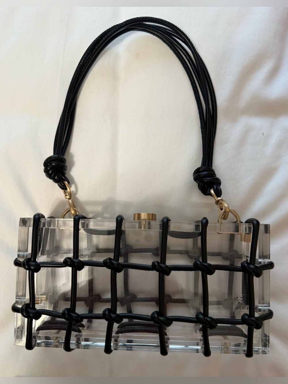 Cult Gaia Ellis Clear Acrylic Mini Bag with Black Lattice and Gold Hardware